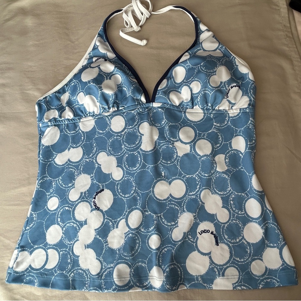 Loco Boutique Hawaii Blue & White Polka Dot Tankini Logo Swimwear Top No Tag